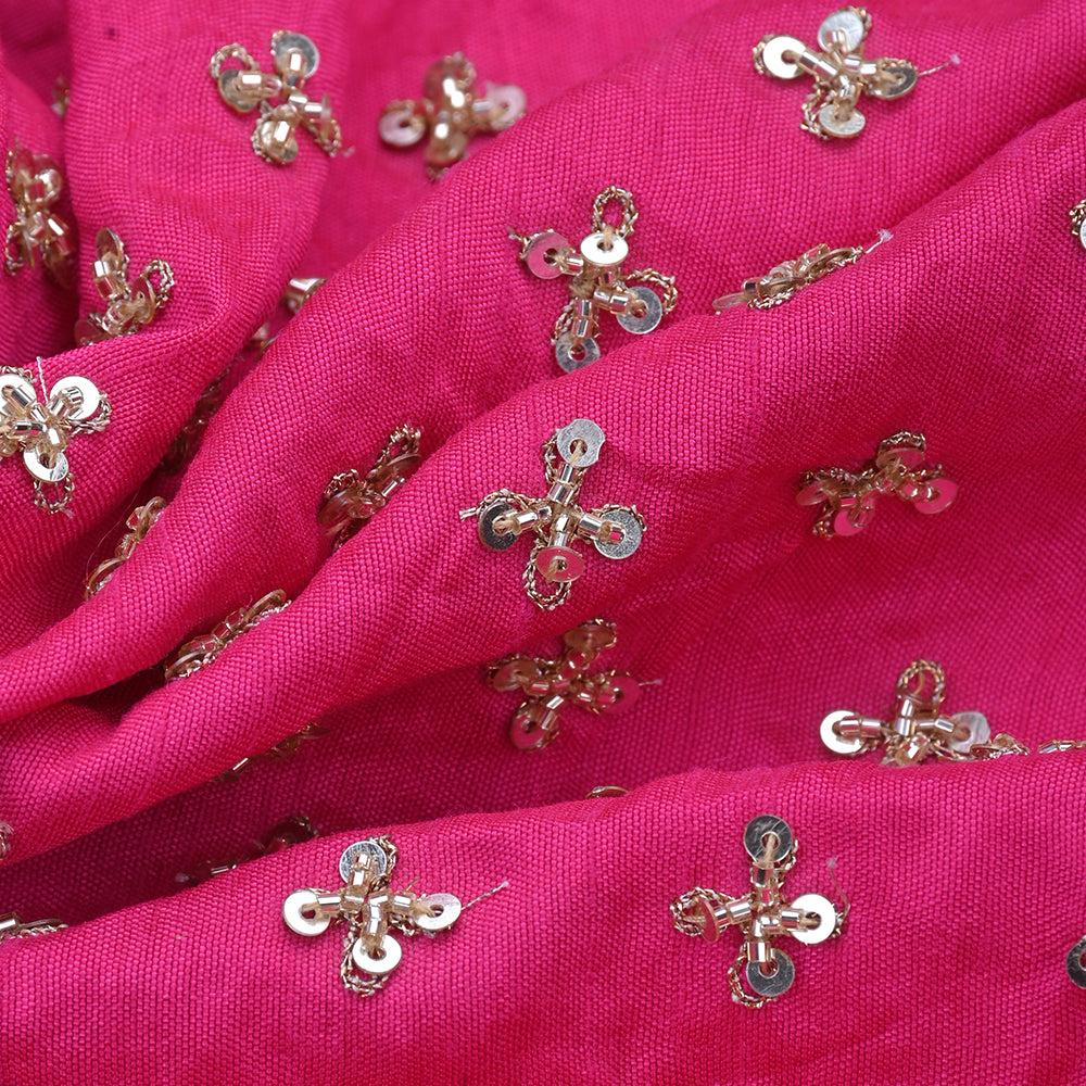 French Pink Raw Silk Fabric With Floral Embroidery