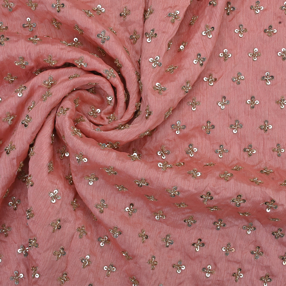 Sea Pink Raw Silk Fabric With Floral Embroidery