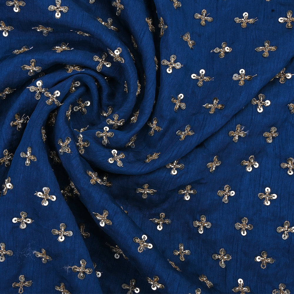 Admiral Blue Raw Silk Fabric With Floral Embroidery