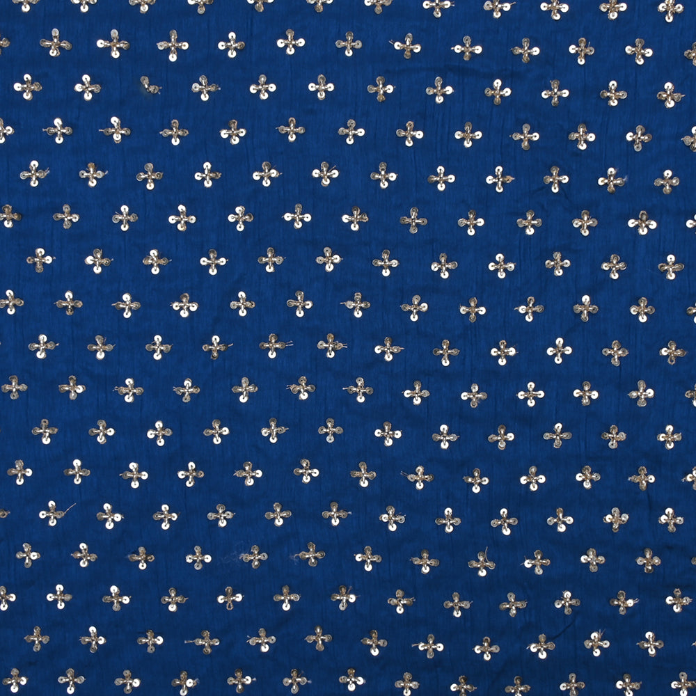 Admiral Blue Raw Silk Fabric With Floral Embroidery