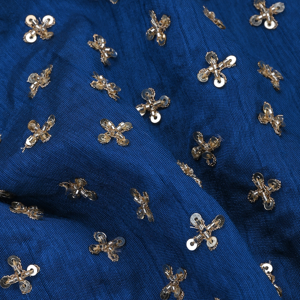 Admiral Blue Raw Silk Fabric With Floral Embroidery
