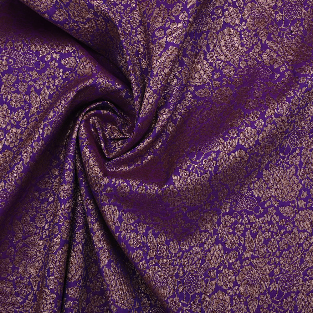 French Violet Banarasi Fabric With Floral-Bird Jaal Weaving