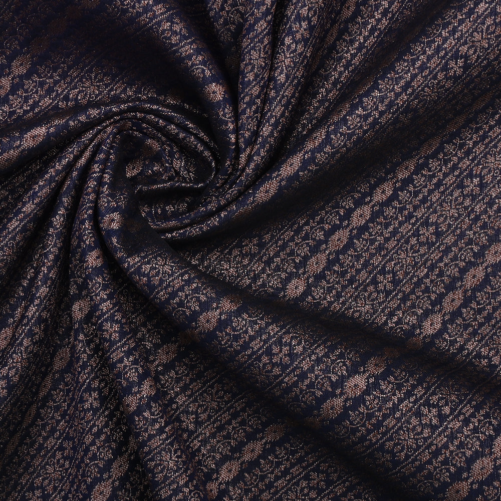 Navy Purple Banarasi Fabric With Floral-Bird Jaal Weaving