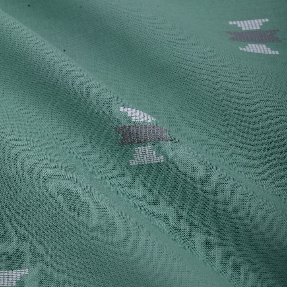 Viridian Green Cotton Fabric With Geometrical Buttis