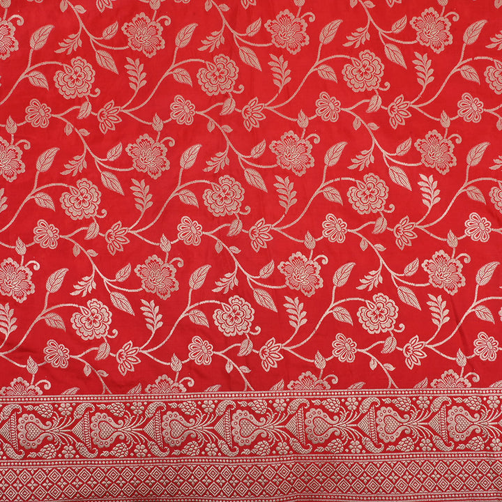 Bright Red Banarasi Fabric With Floral Jaal Pattern