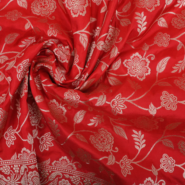 Bright Red Banarasi Fabric With Floral Jaal Pattern