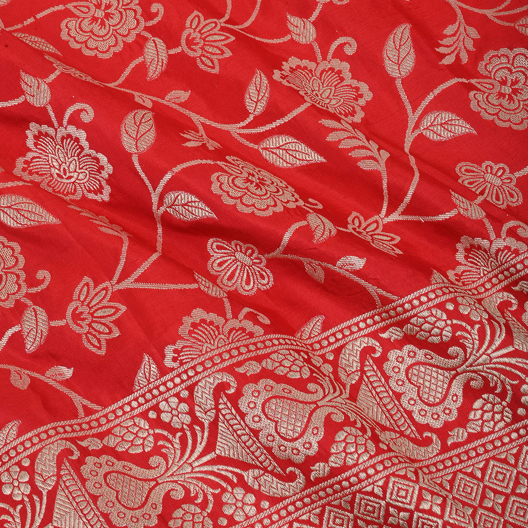 Bright Red Banarasi Fabric With Floral Jaal Pattern