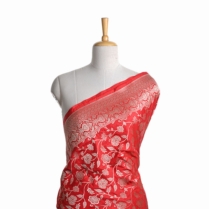 Bright Red Banarasi Fabric With Floral Jaal Pattern