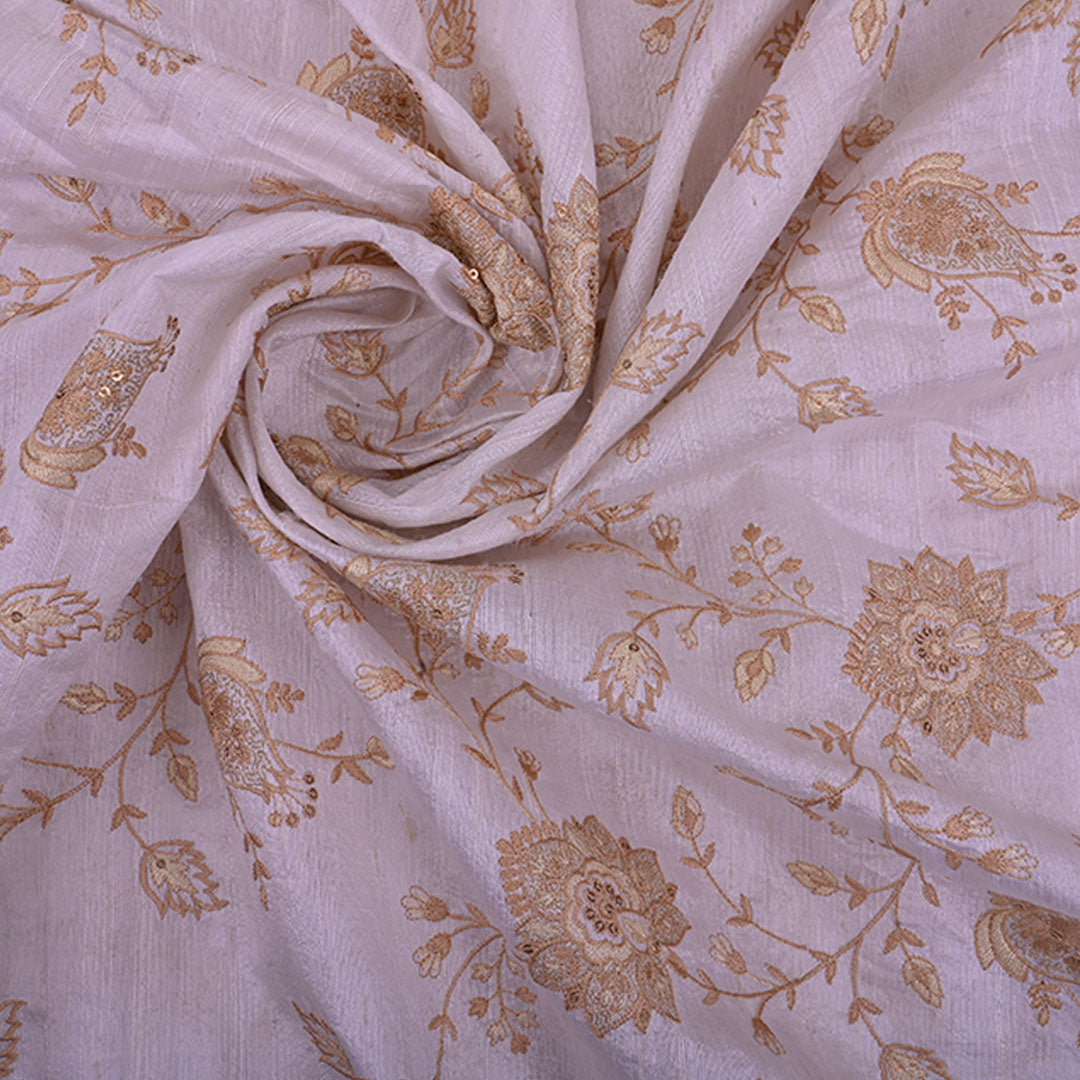 Ivory White Rawsilk Fabric With Floral Embroidery