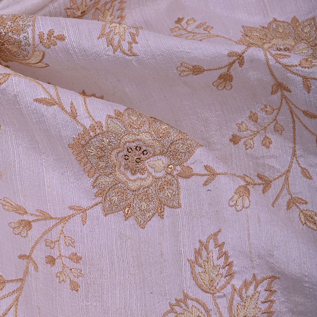 Ivory White Floral Embroidered Raw Silk Fabric