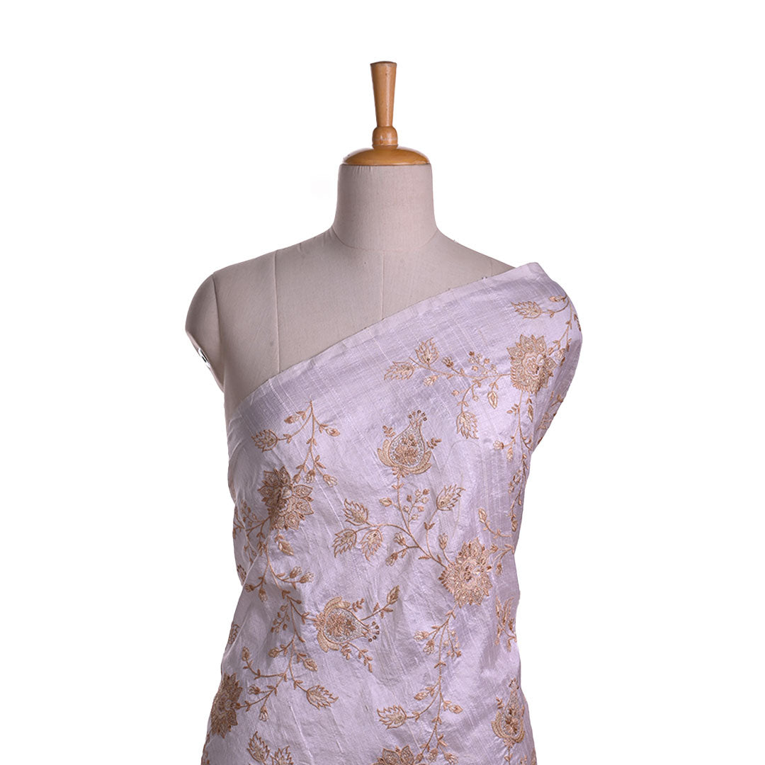 Ivory White Rawsilk Fabric With Floral Embroidery