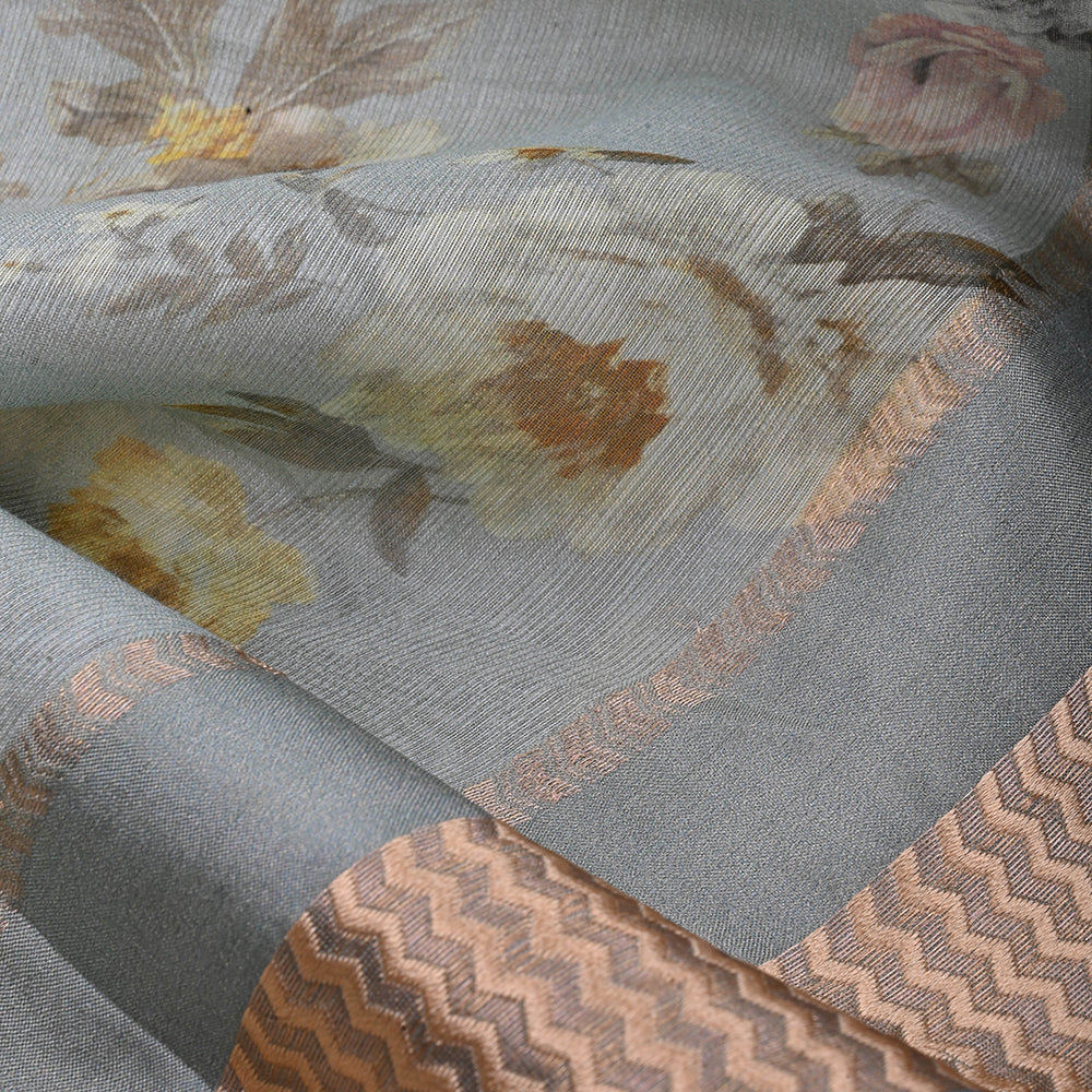 Cadet Grey Printed Floral Maheshwari Silk Fabric