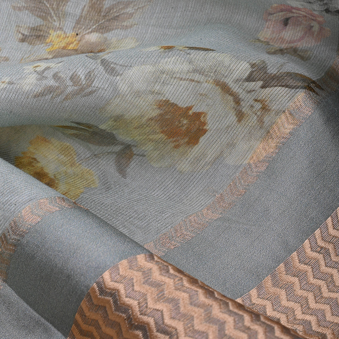 Cadet Grey Printed Floral Maheshwari Silk Fabric