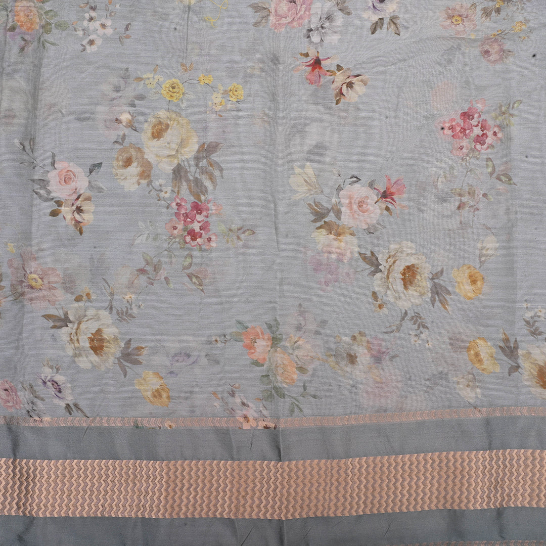 Cadet Grey Floral Printed Maheshwari Silk Fabric
