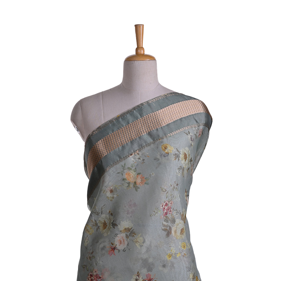 Cadet Grey Floral Printed Maheshwari Silk Fabric