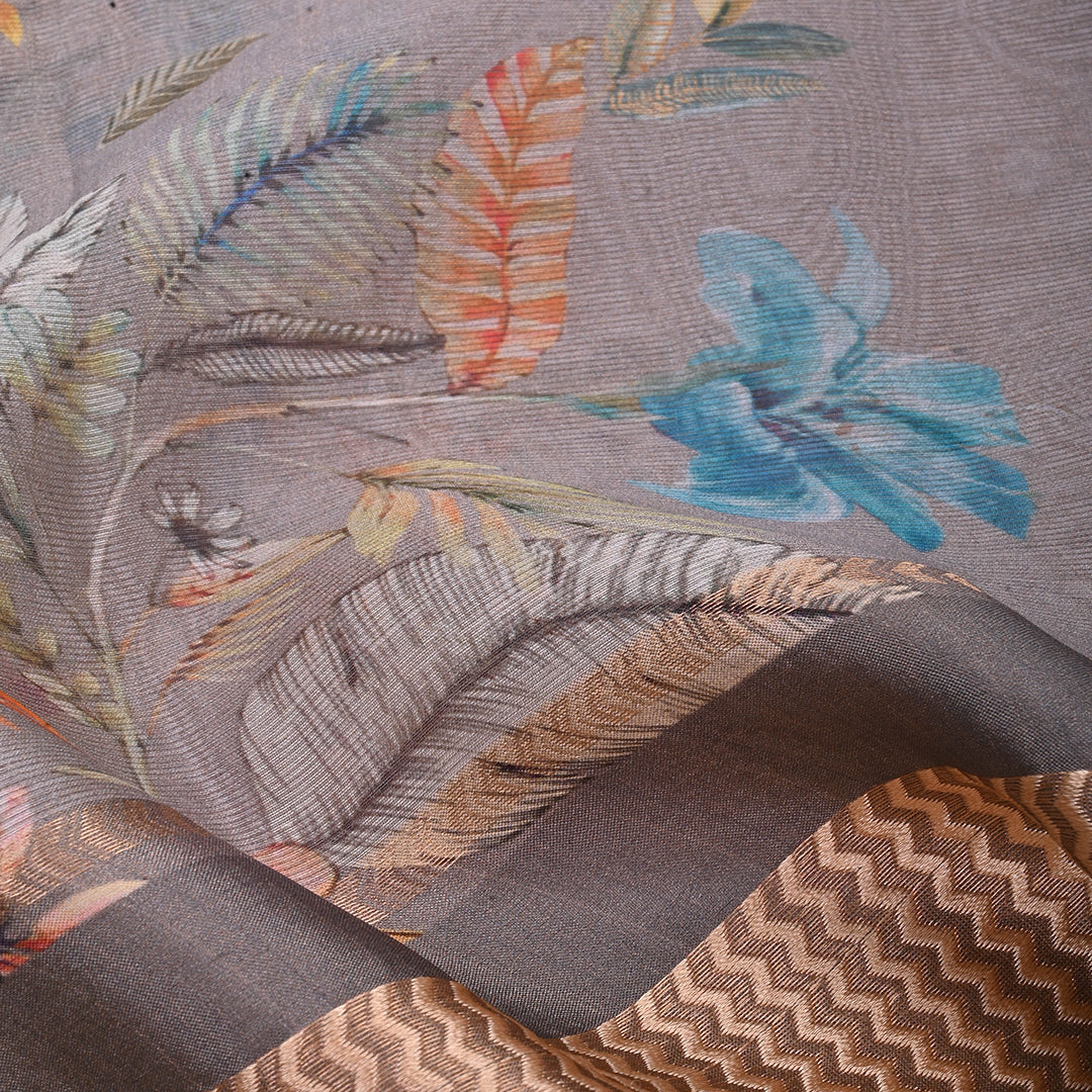 Dusty Grey Printed Maheshwari Silk Fabric Floral Pattern
