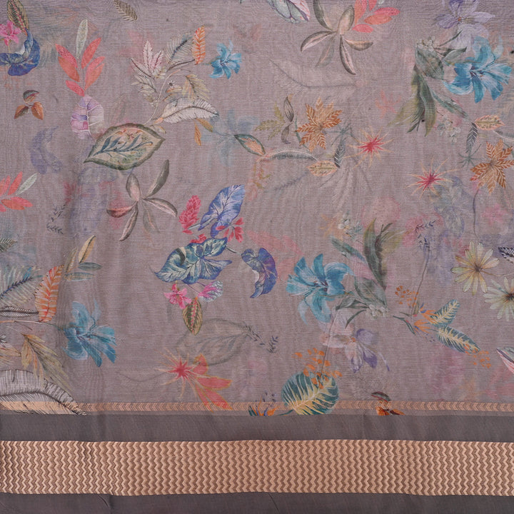 Dusty Grey Printed Floral Maheshwari Silk Fabric