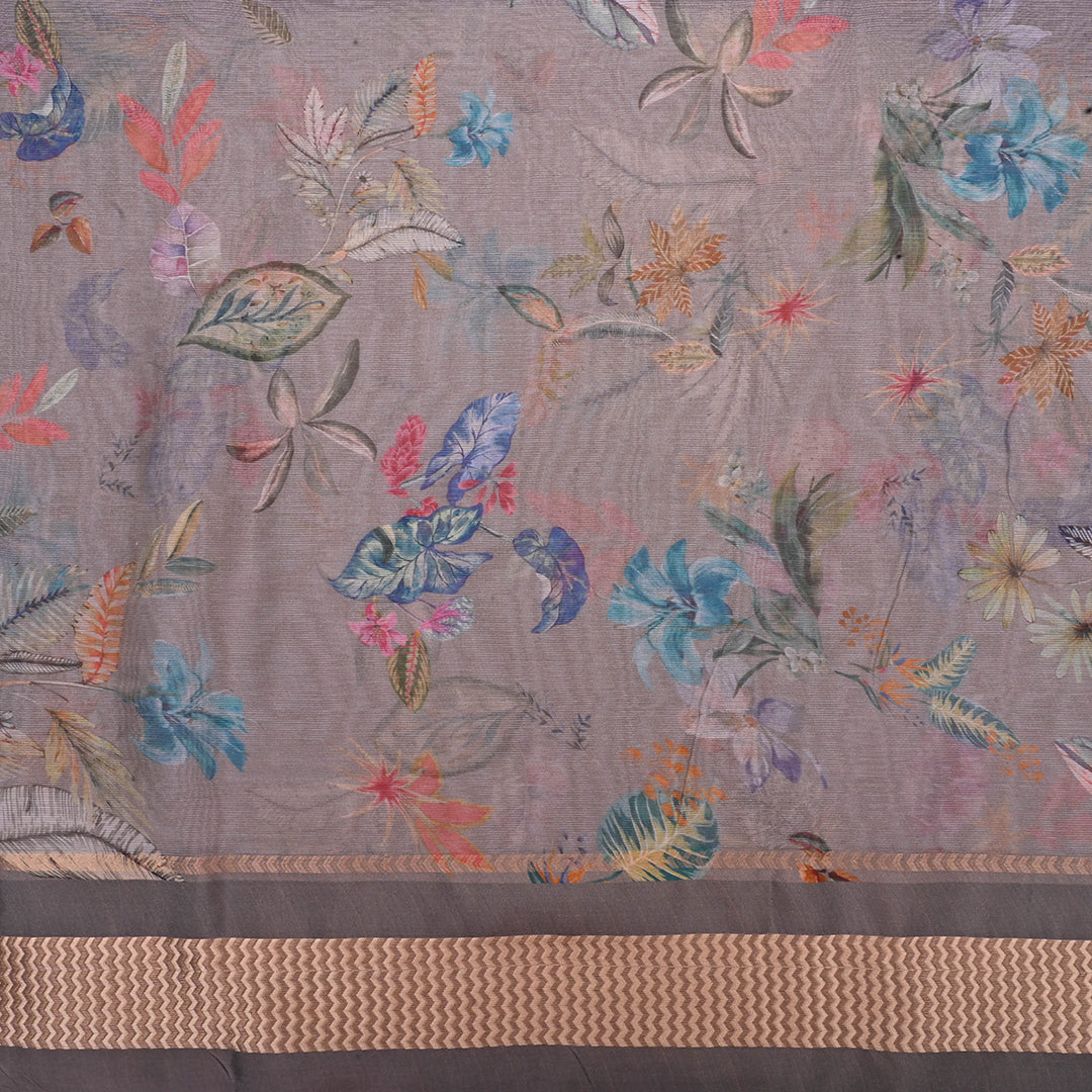 Dusty Grey Printed Maheshwari Silk Fabric Floral Pattern