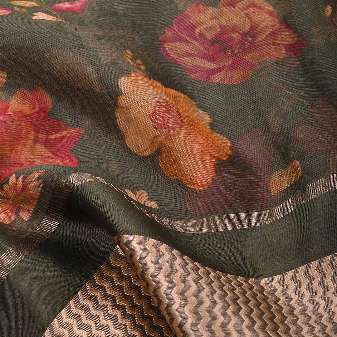 Rifle Green Printed Floral Maheshwari Silk Fabric