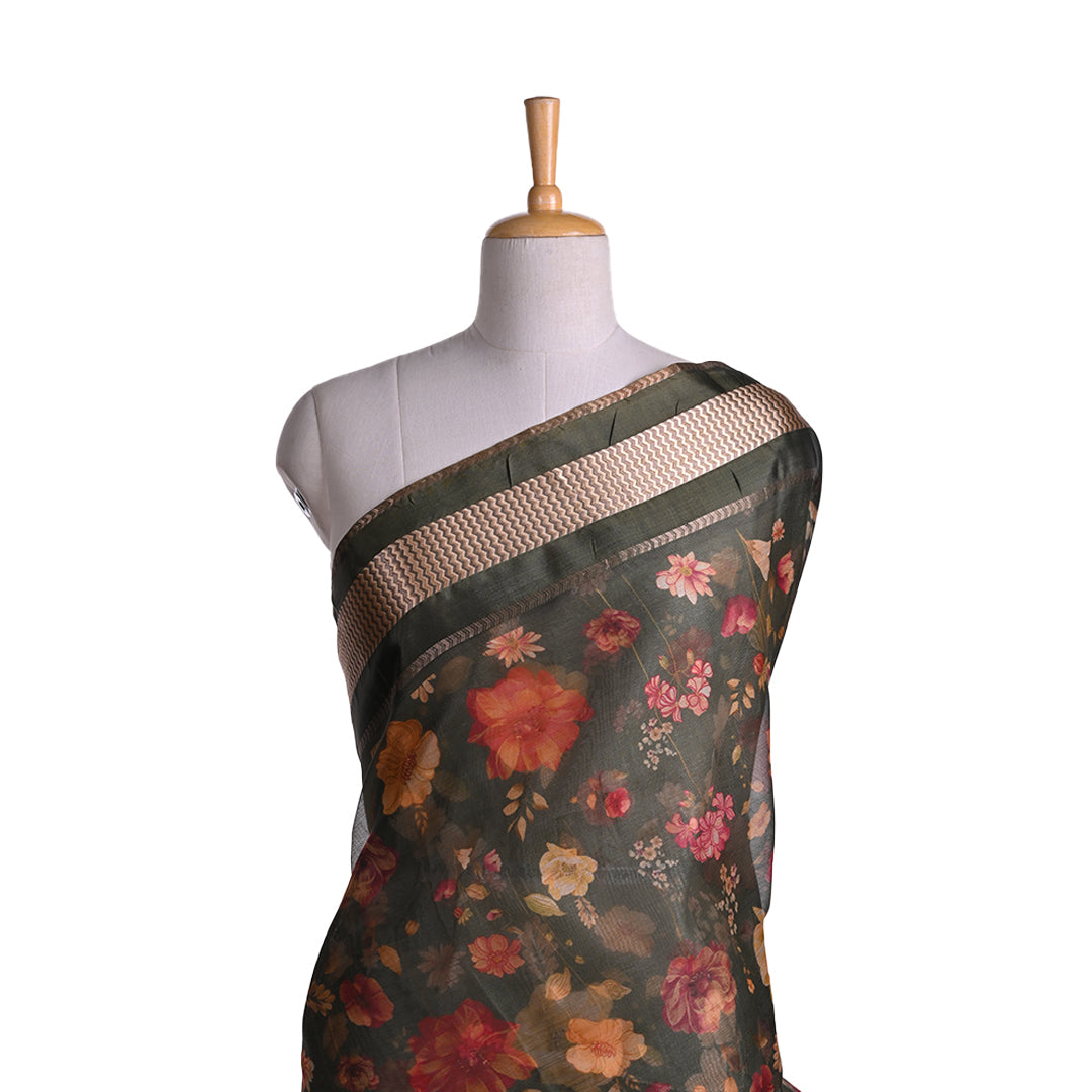 Rifle Green Printed Floral Maheshwari Silk Fabric