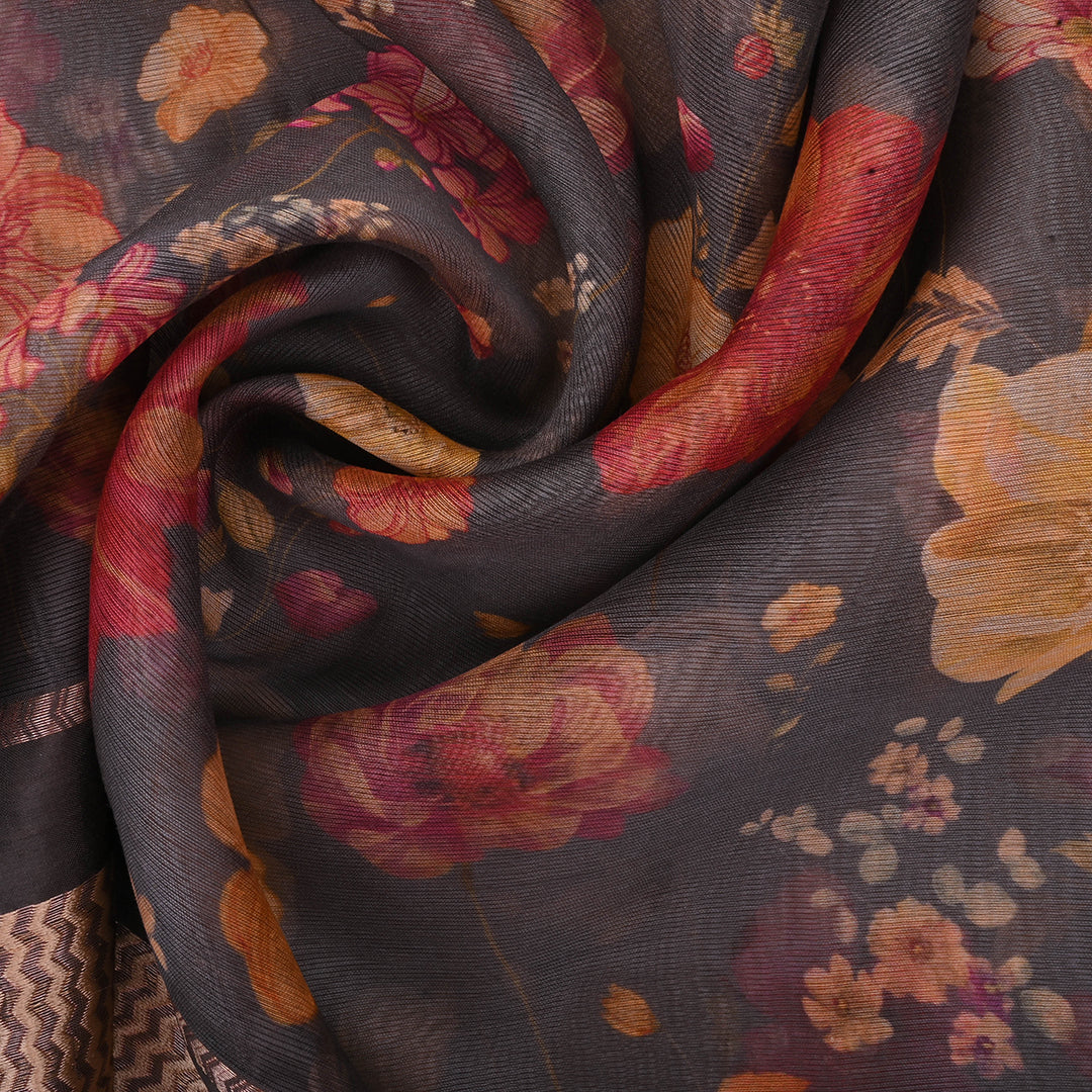 Carbon Grey Printed Floral Maheshwari Silk Fabric