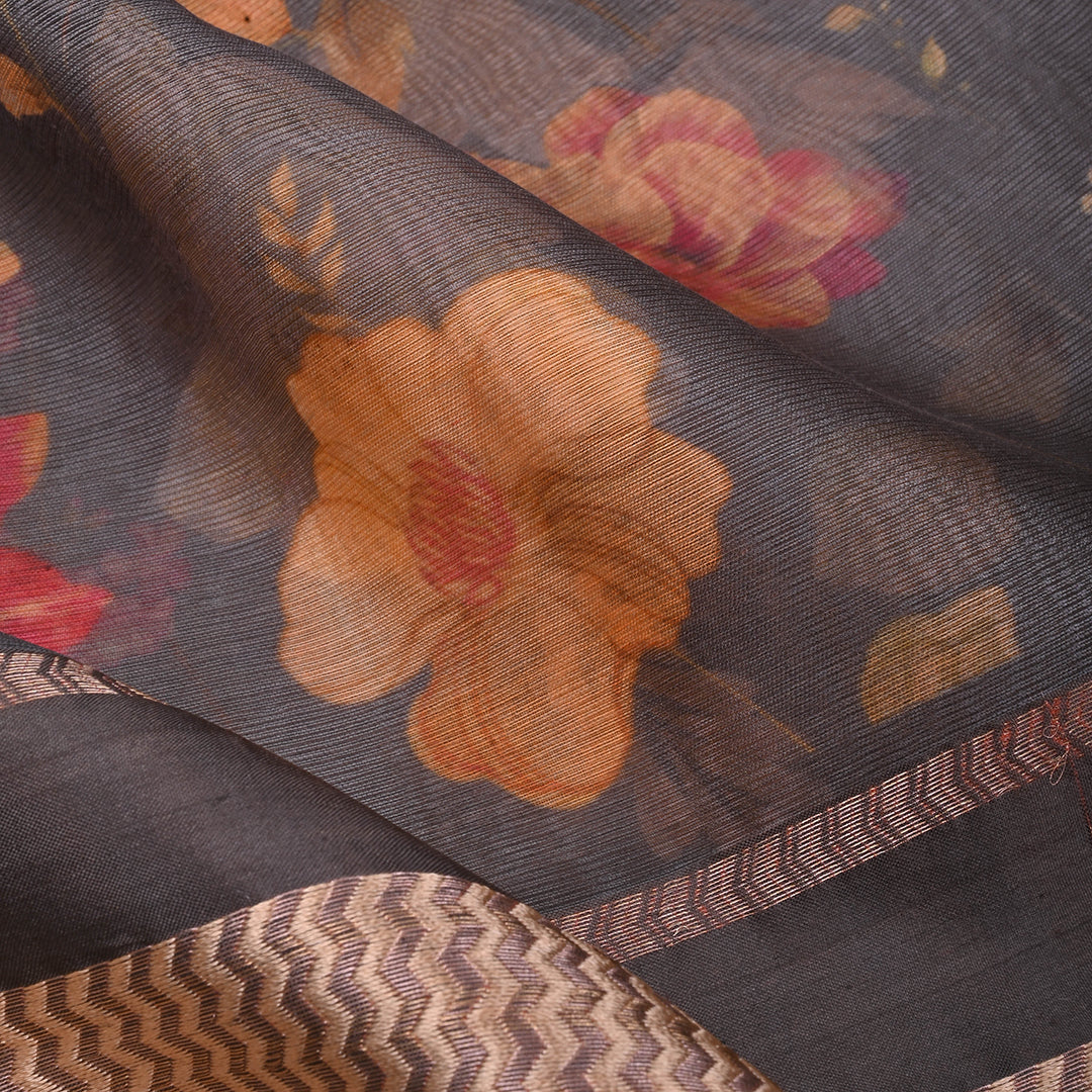 Carbon Grey Floral Printed Maheshwari Silk Fabric