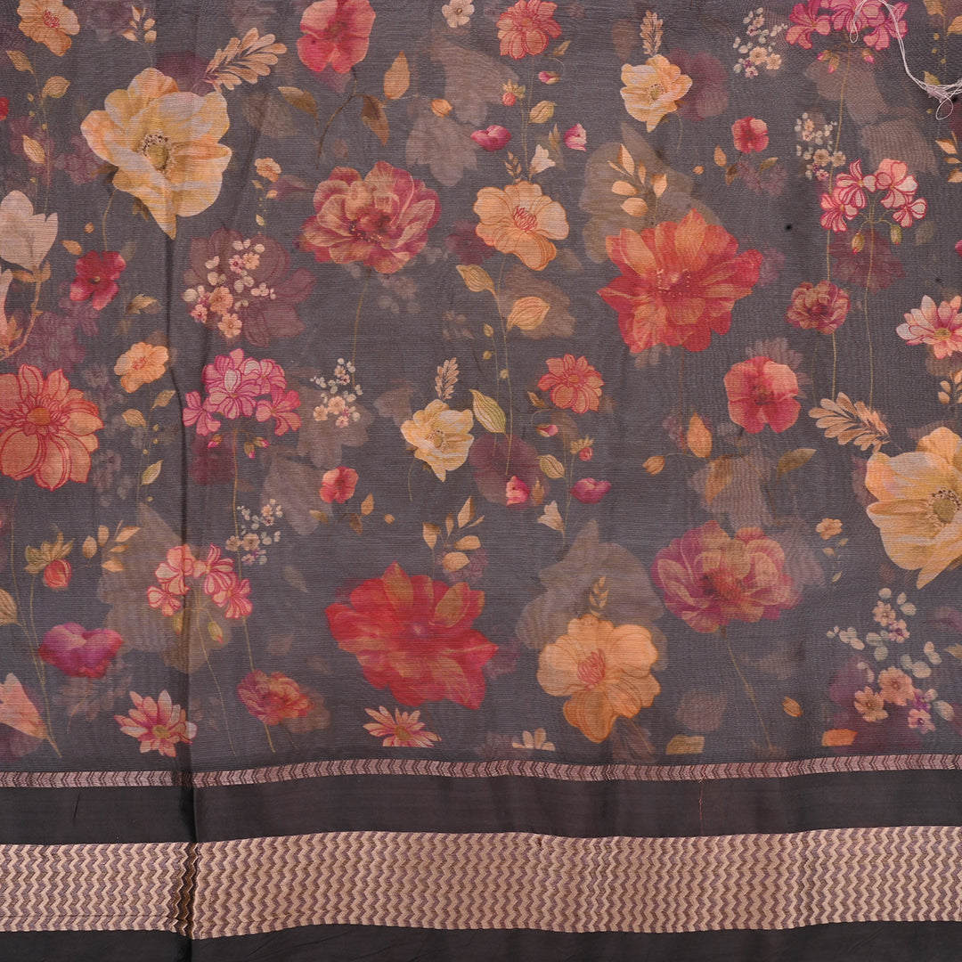 Carbon Grey Floral Printed Maheshwari Silk Fabric