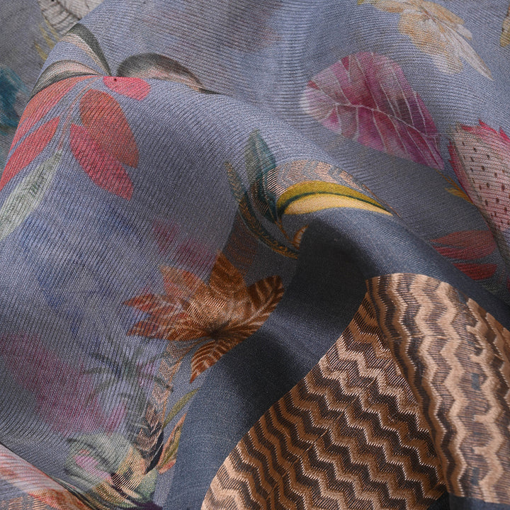 Slate Blue Printed Floral Maheshwari Silk Fabric