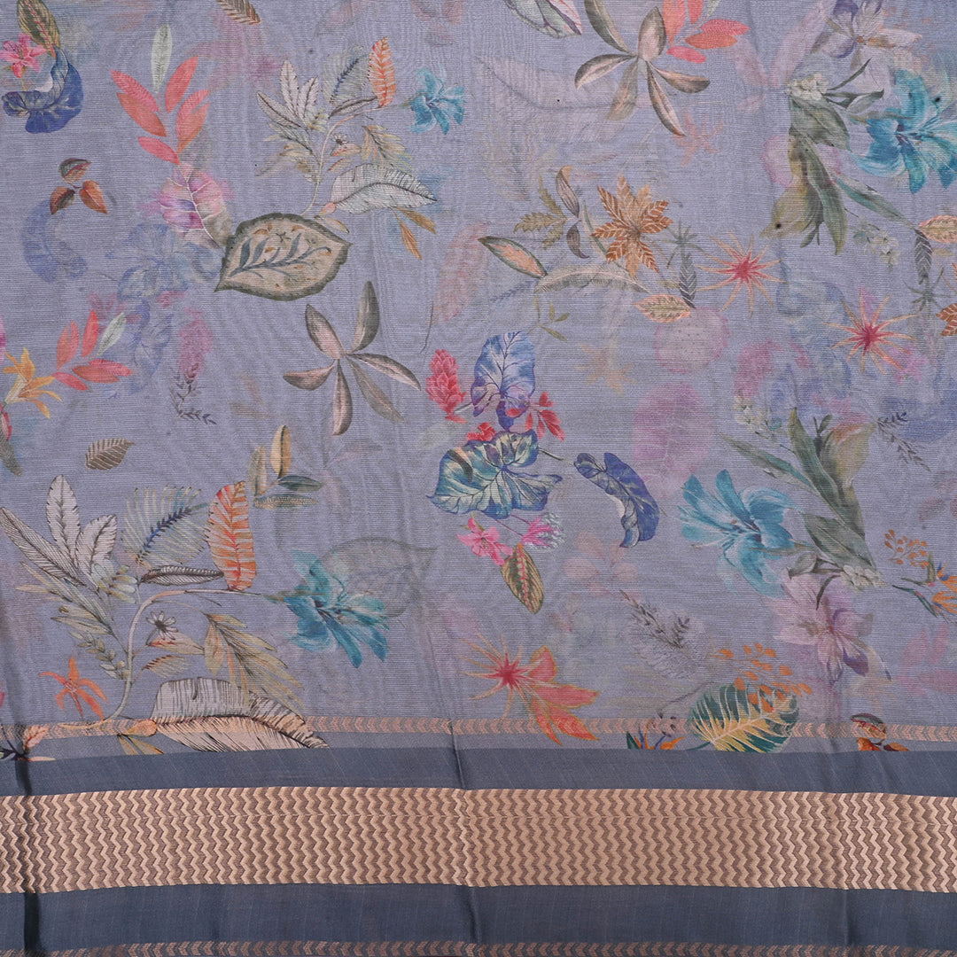 Slate Blue Printed Floral Maheshwari Silk Fabric