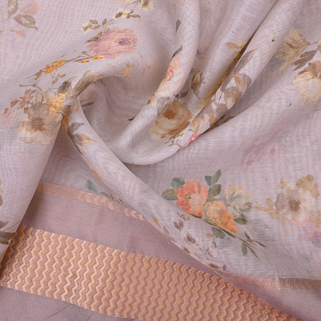 Pink Grey Printed Floral Maheshwari Silk Fabric
