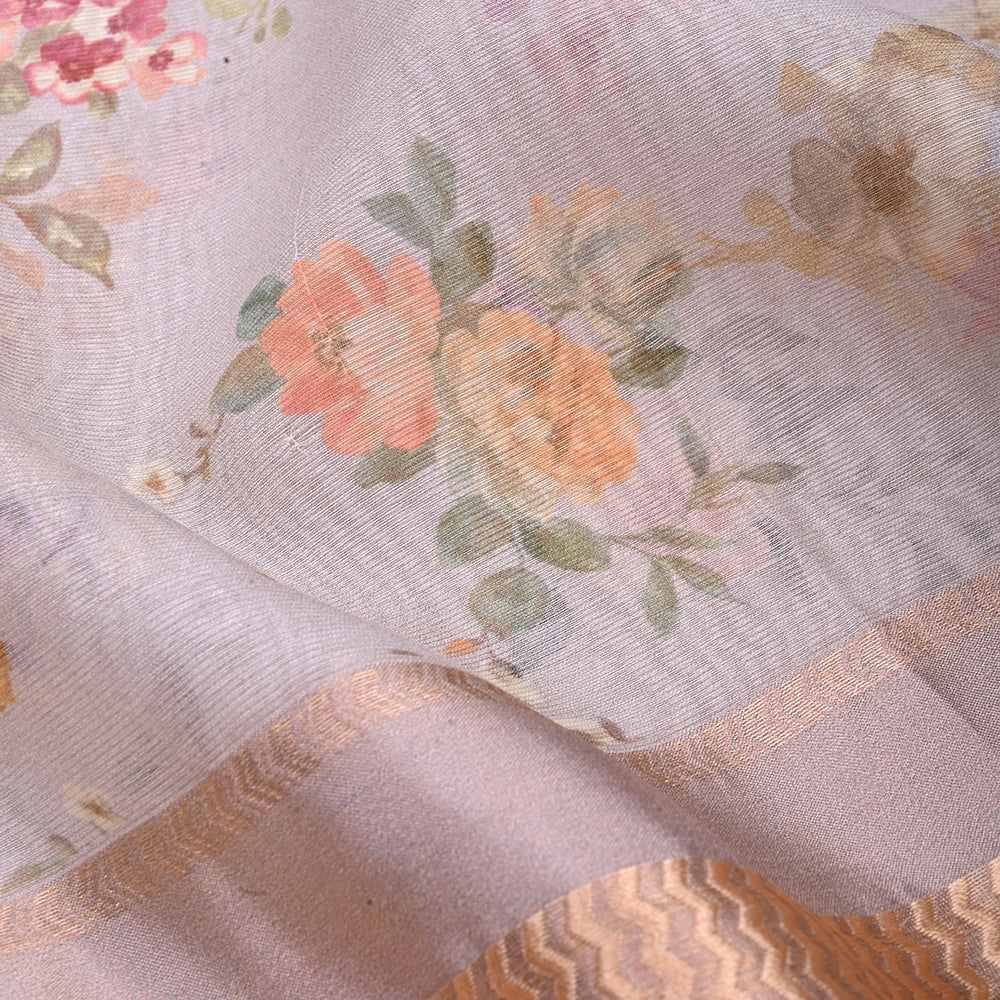 Pink Grey Printed Floral Maheshwari Silk Fabric