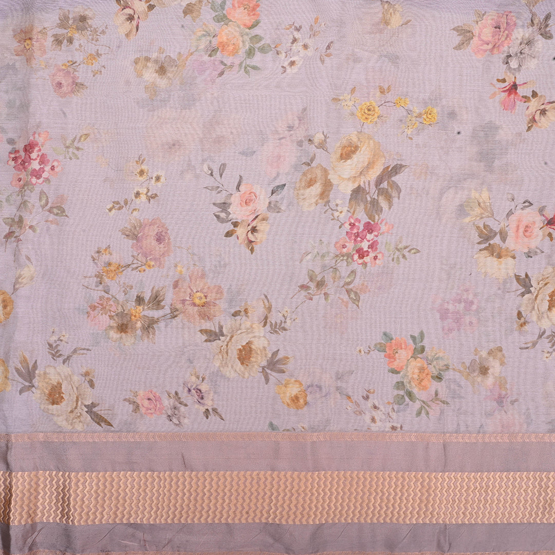 Pink Grey Floral Printed Maheshwari Silk Fabric
