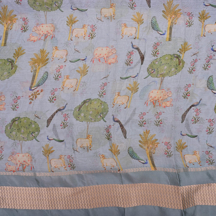 Beau Blue Printed Pichwai Maheshwari Silk Fabric
