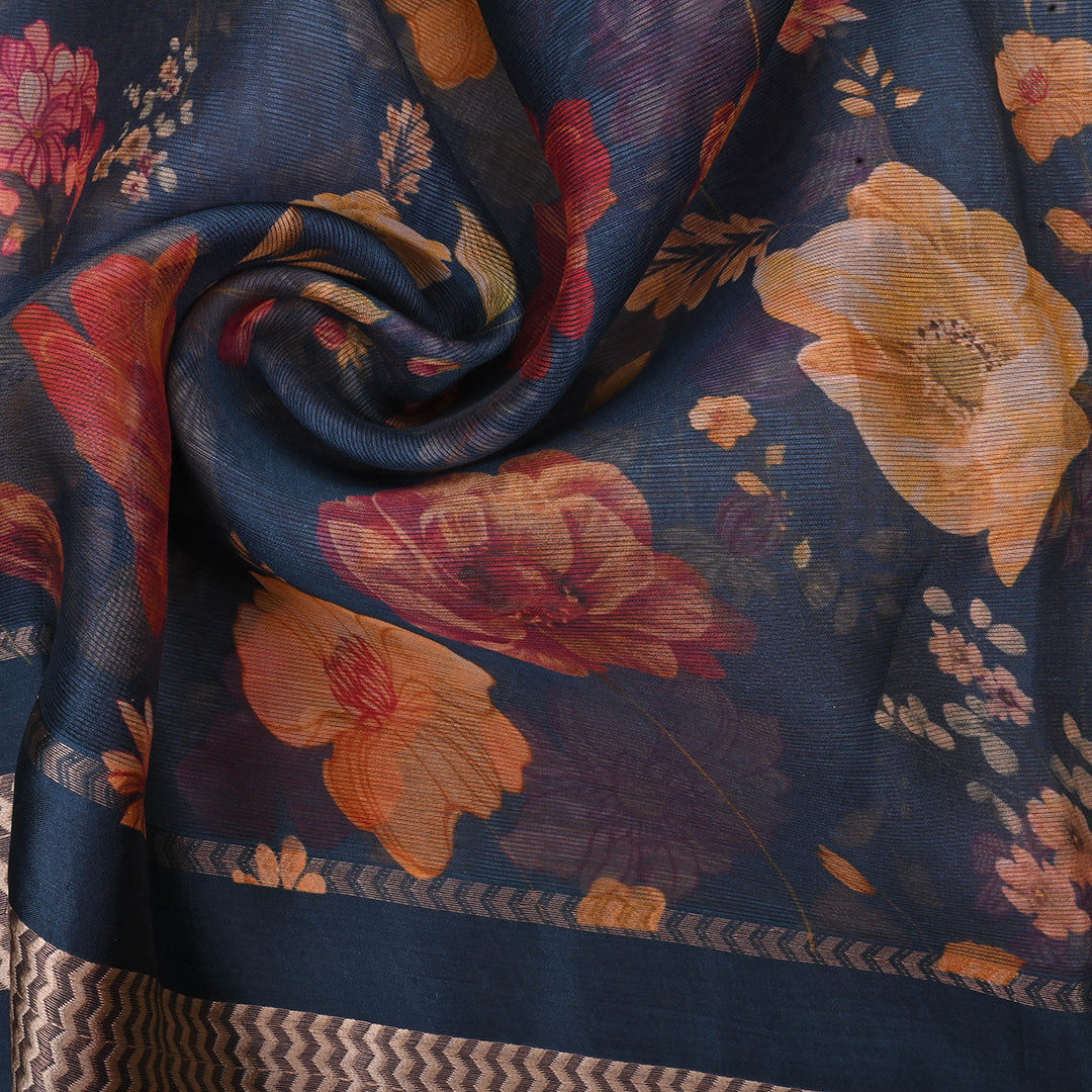 Prussian Blue Printed Floral Maheshwari Silk Fabric