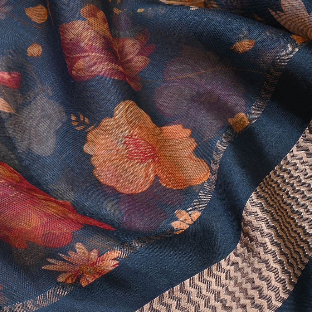 Prussian Blue Printed Floral Maheshwari Silk Fabric