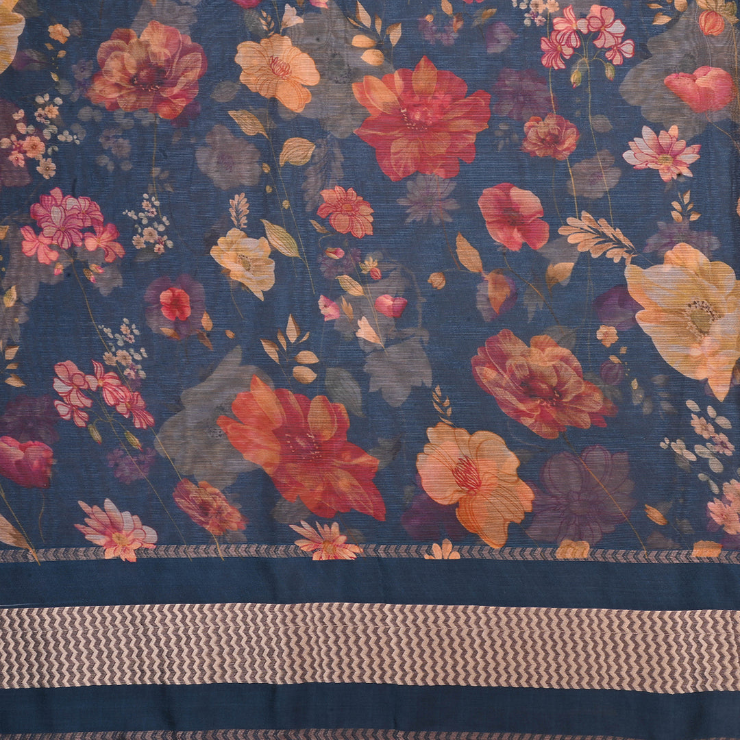 Prussian Blue Printed Floral Maheshwari Silk Fabric