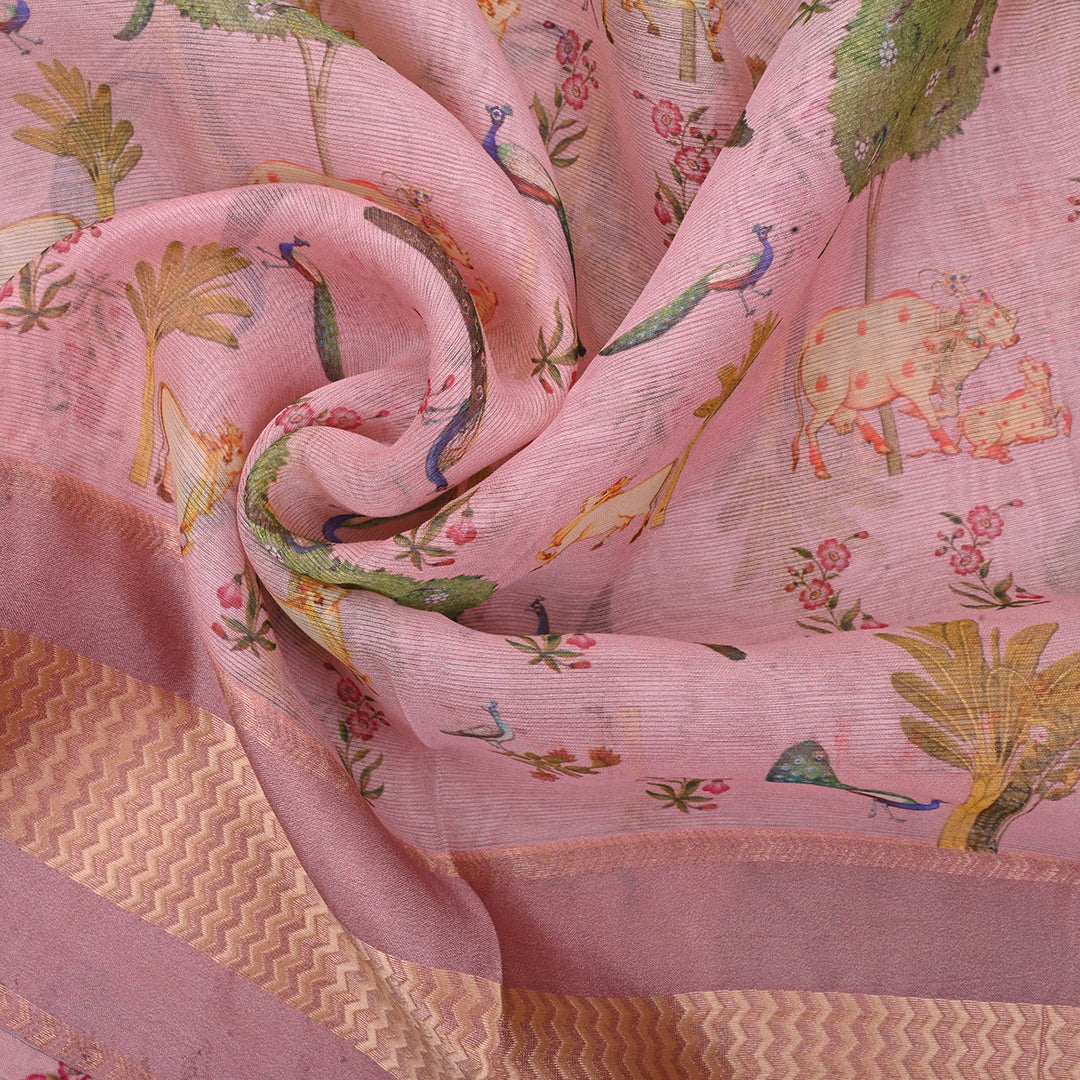 Pastel Pink Printed Pichwai Maheshwari Silk Fabric