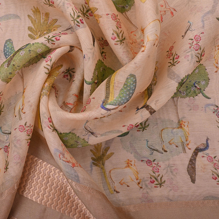 Pastel Peach Printed Pichwai Maheshwari Silk Fabric