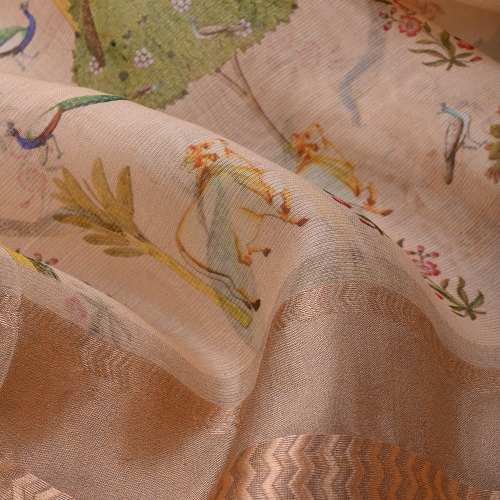 Pastel Peach Printed Pichwai Maheshwari Silk Fabric