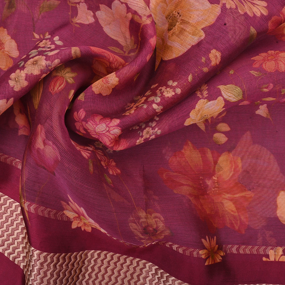 Maroon Pink Printed Floral Maheshwari Silk Fabric