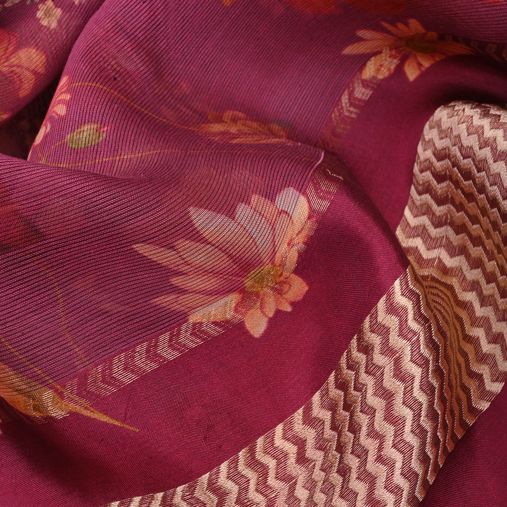 Maroon Pink Printed Floral Maheshwari Silk Fabric