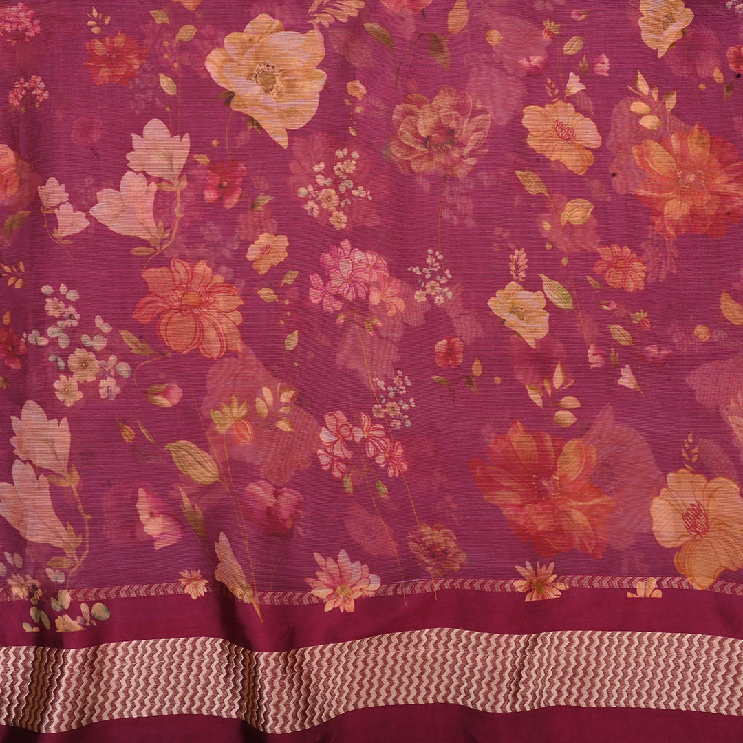 Maroon Pink Printed Floral Maheshwari Silk Fabric