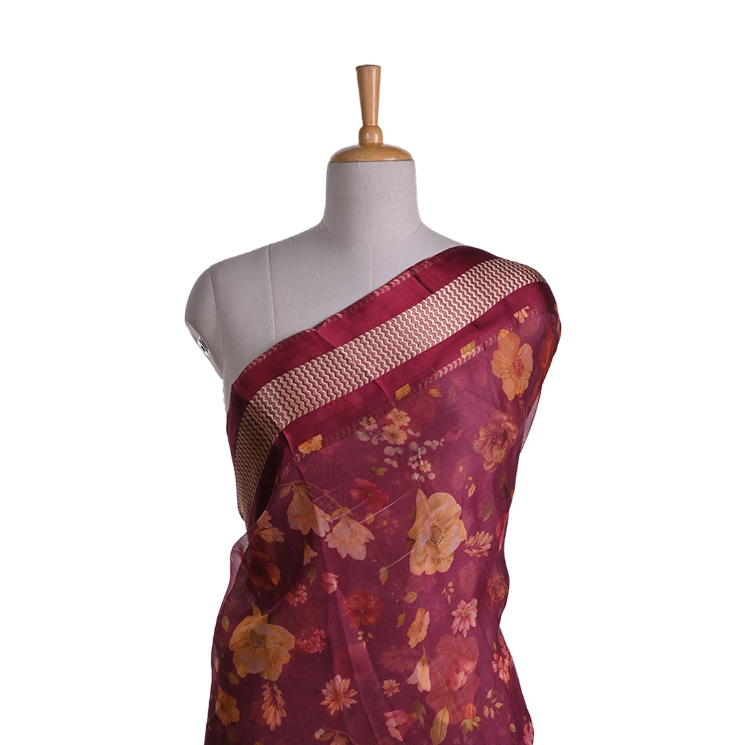 Maroon Pink Floral Printed Maheshwari Silk Fabric