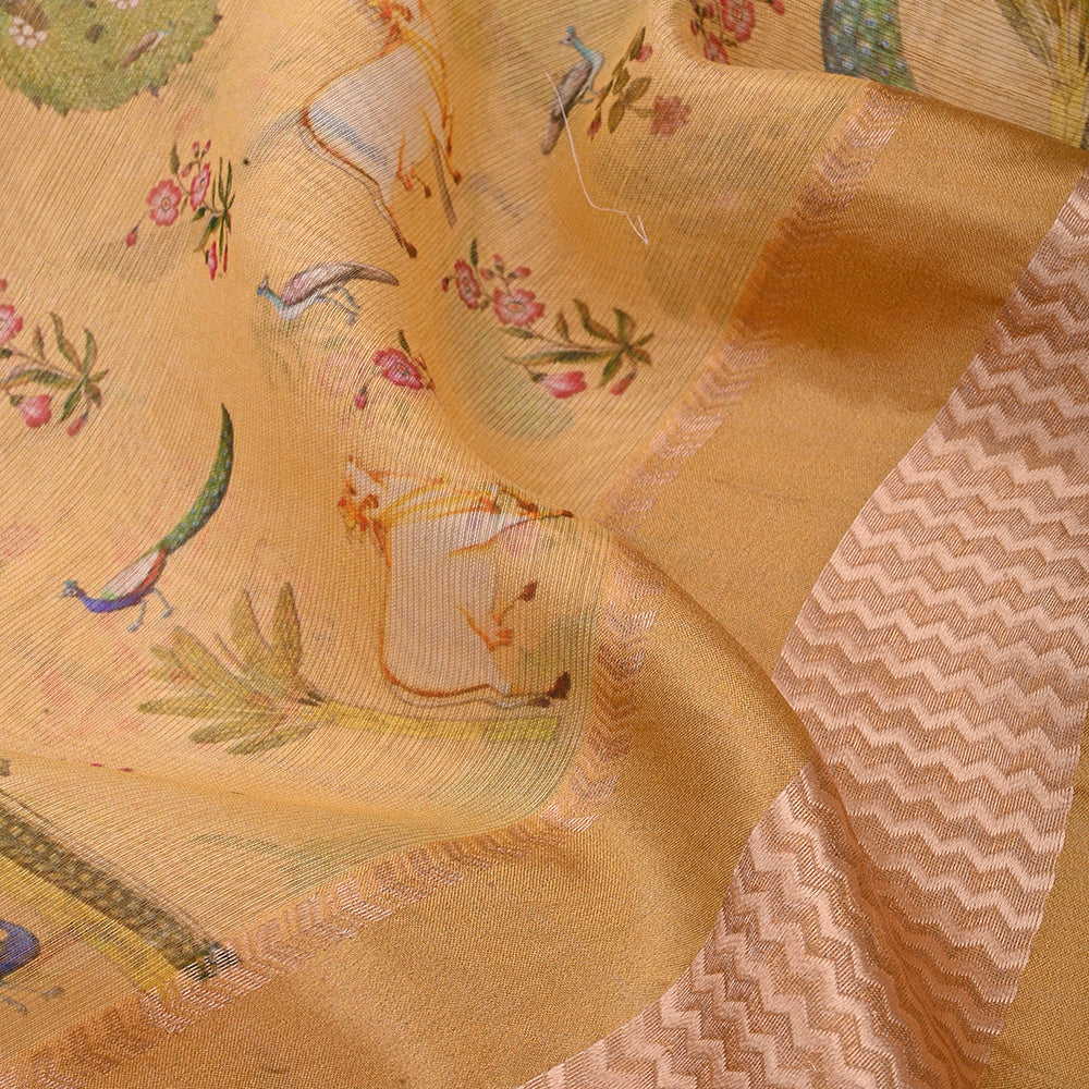 Earth Yellow Printed Pichwai Maheshwari Silk Fabric