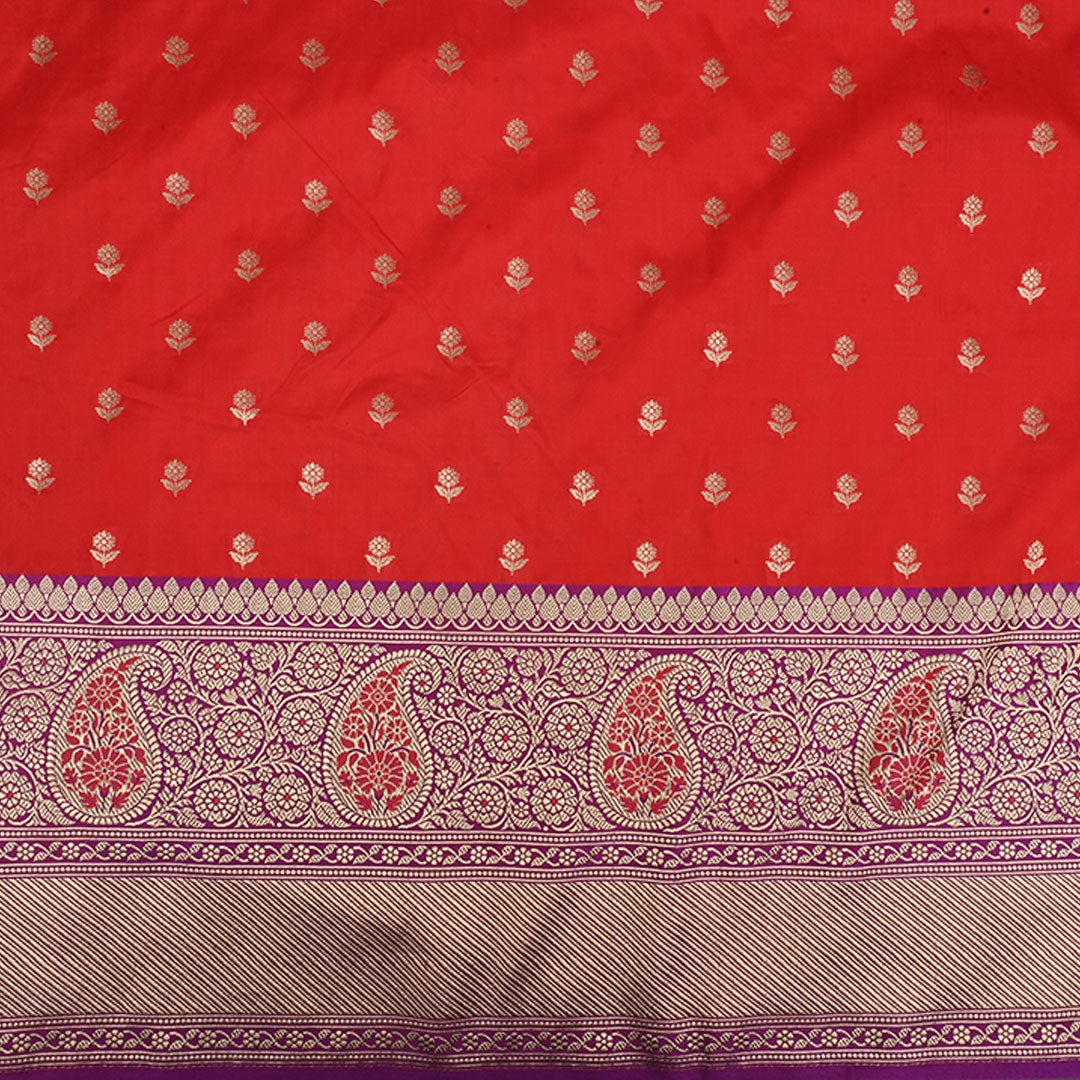 Cadmium Red Banarasi Fabric With Floral Butti Pattern