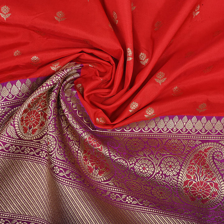 Cadmium Red Banarasi Fabric With Floral Butti Pattern