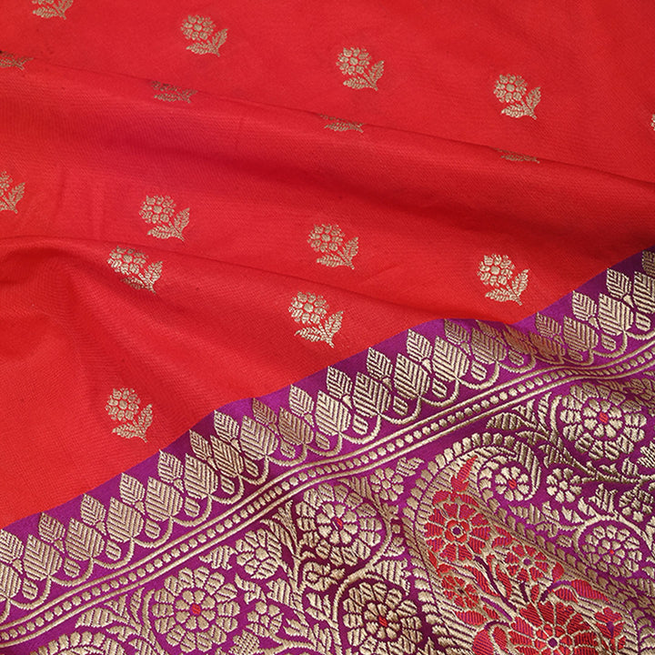 Cadmium Red Banarasi Fabric With Floral Butti Pattern