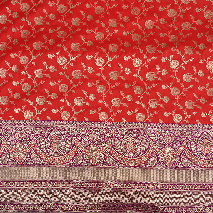 Pigment Red Banarasi Fabric With Floral Jaal Pattern