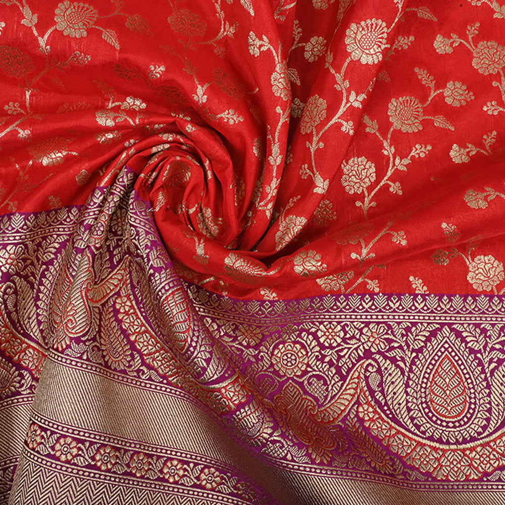 Pigment Red Banarasi Fabric With Floral Jaal Pattern