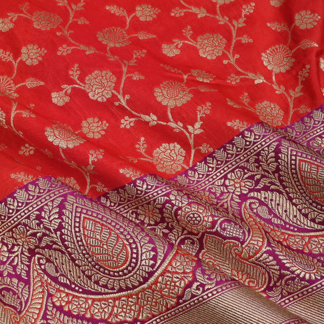 Pigment Red Banarasi Fabric With Floral Jaal Pattern